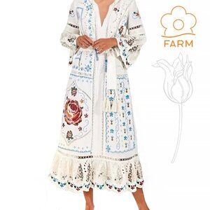 FARM RIO White Multi Colored Embroidered Scarf Maxi Dress